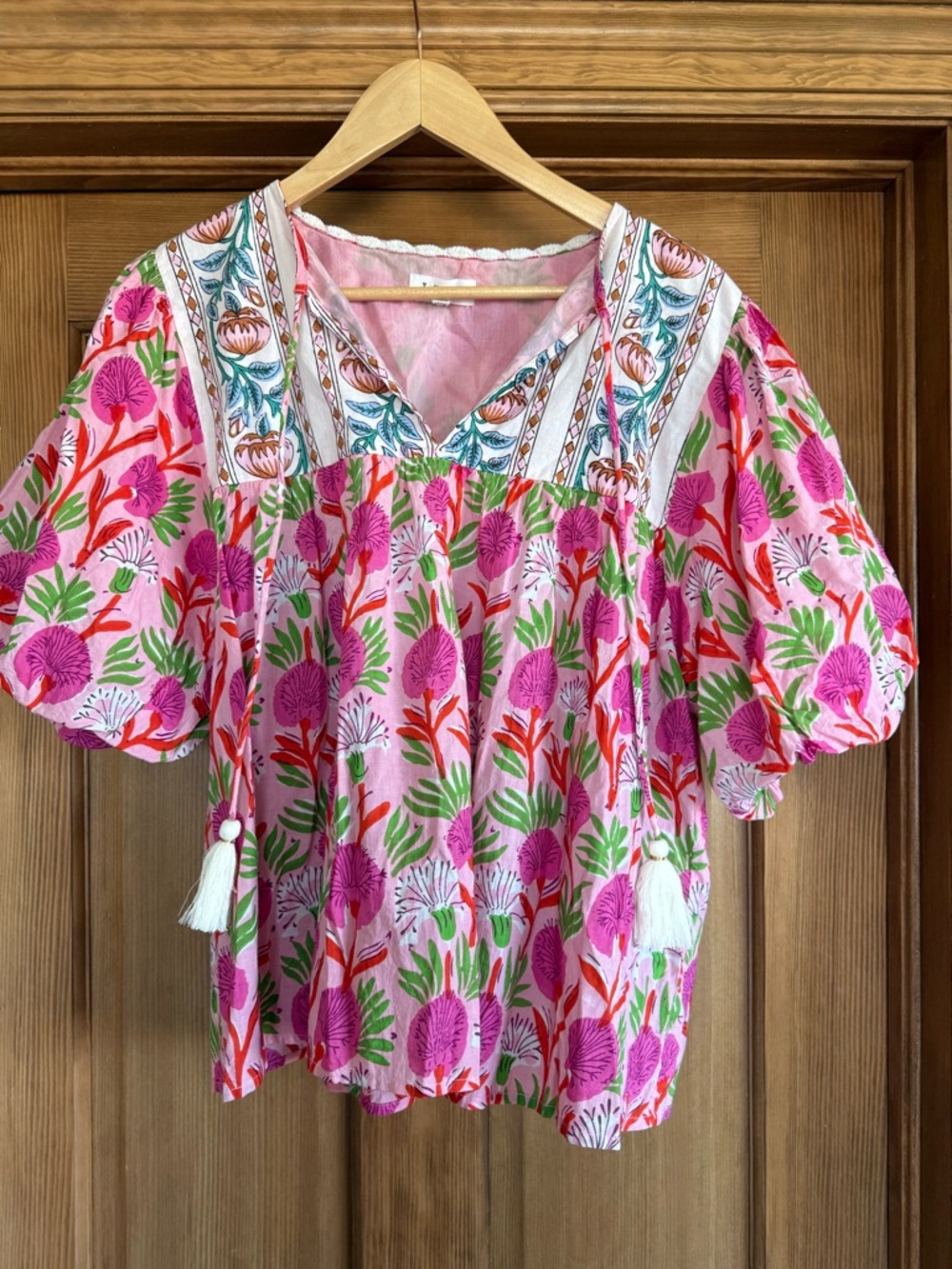 THML Pink Floral Embroidered Peasant Blouse